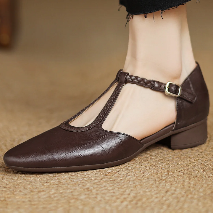 Everyday wear soft leather Mary Janes for women, comfortable with a braided T-strap design.