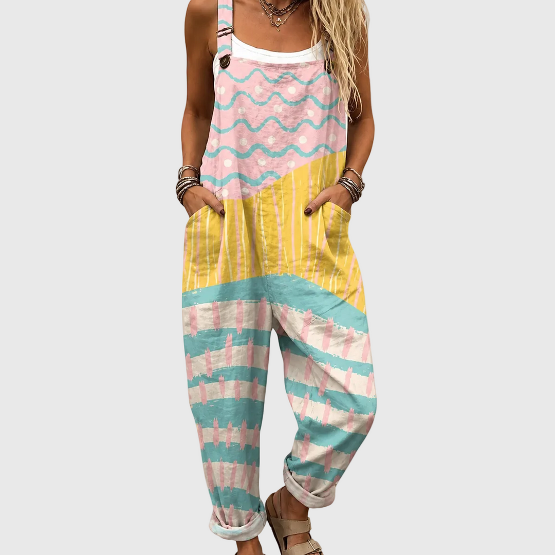 Women's soft pastel multicolor comfort jumpsuit. Relaxed, loose fit for stylish summer casual wear.