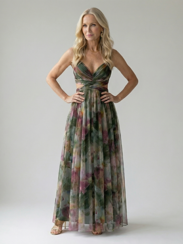Comfortable multi-color flowing wrap dress, women's sleeveless, perfect for summer.