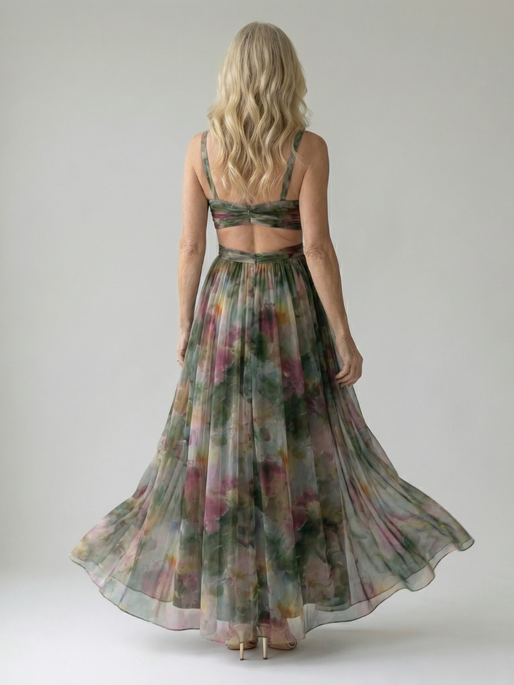 Vibrant multi-color sleeveless wrap dress, women's elegant maxi style, comfortable.