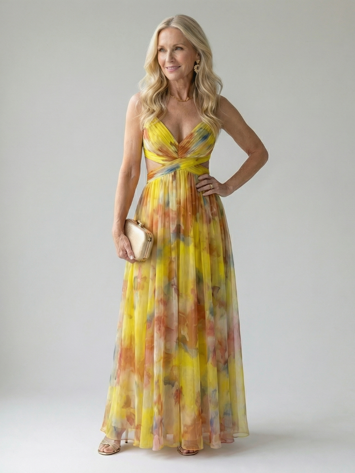 Stylish women's wrap maxi dress, sleeveless, multi-color print for effortless style.