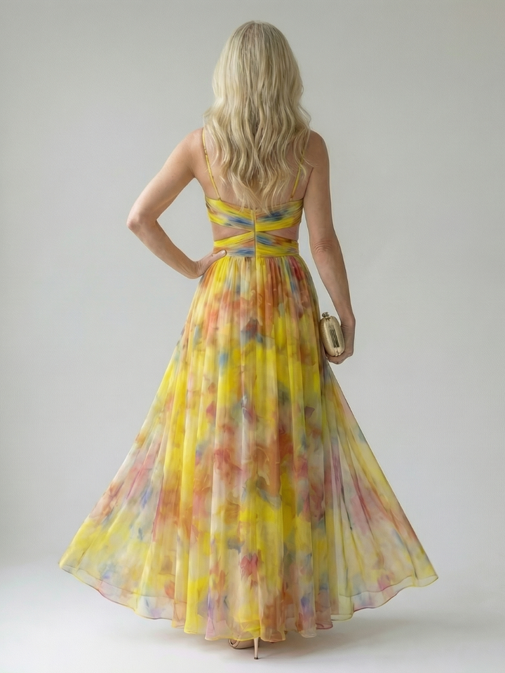 Women's elegant multi-color sleeveless wrap dress, comfortable for any occasion.