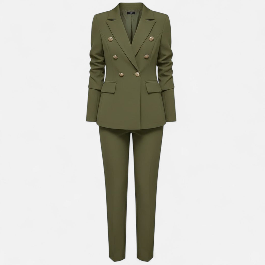 Women's solid color tailored two-piece suit set for business, professional office wear, and formal events.