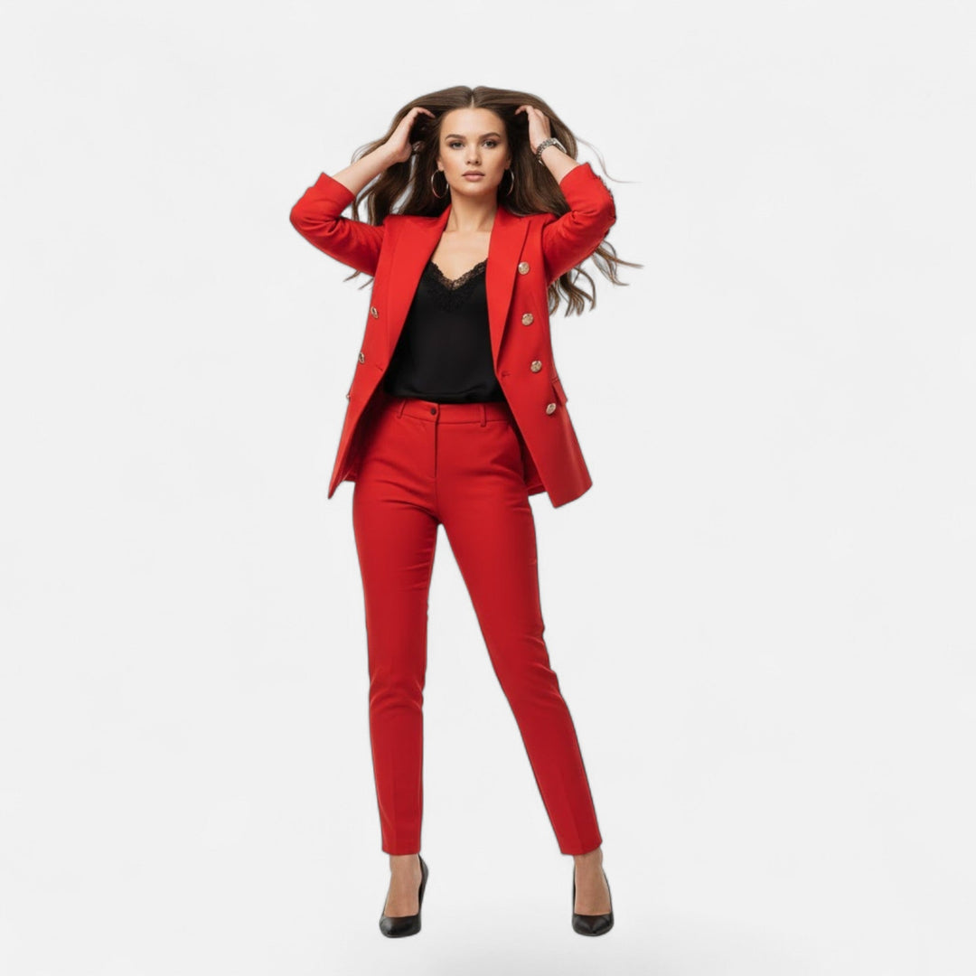 Formal women's solid color tailored suit set, a sophisticated jacket and pants combo for the office.