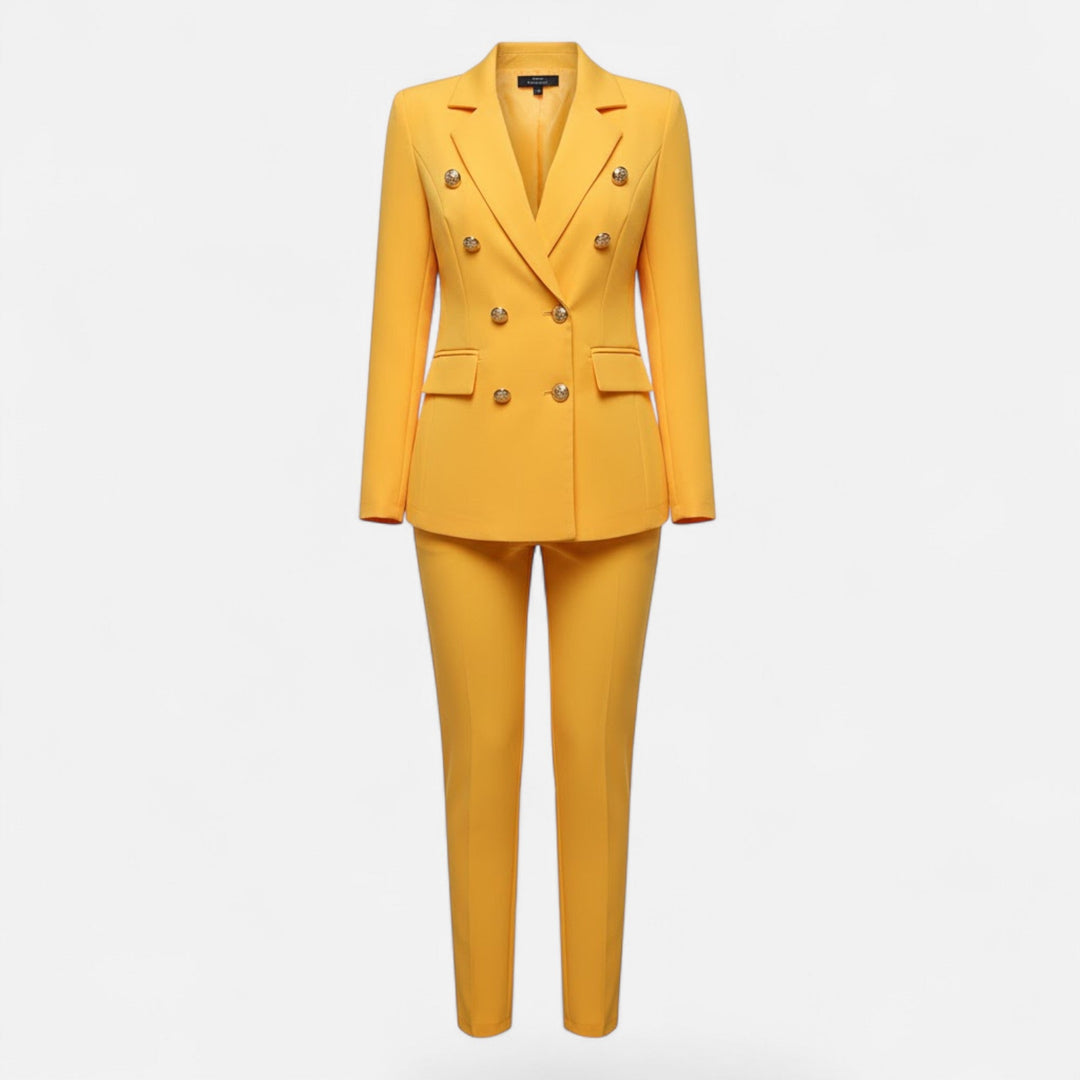 Elegant women's solid color tailored two-piece suit, professional business attire, jacket & pants set.