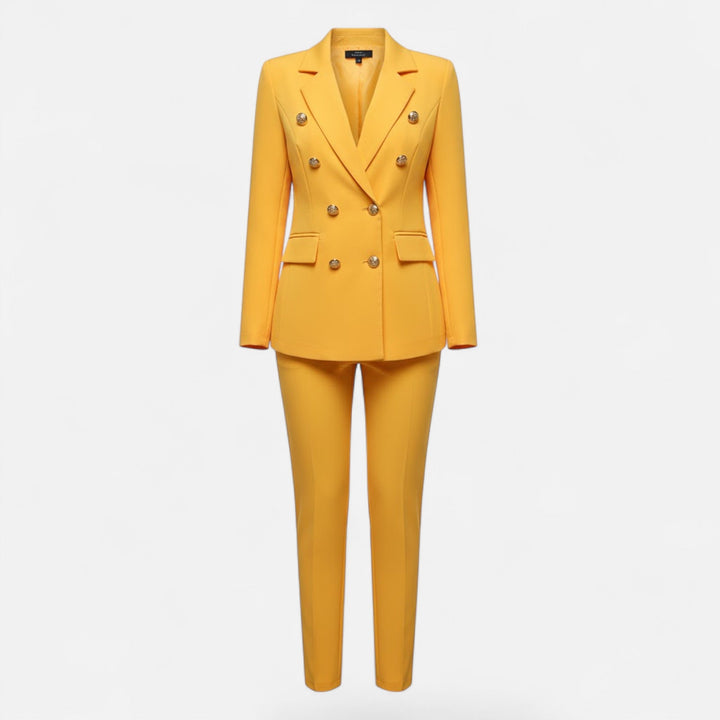 Elegant women's solid color tailored two-piece suit, professional business attire, jacket & pants set.