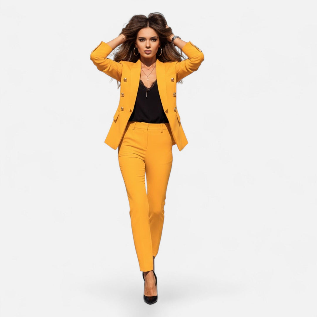 Woman modeling a professional solid color tailored two-piece suit set, ready for corporate settings.