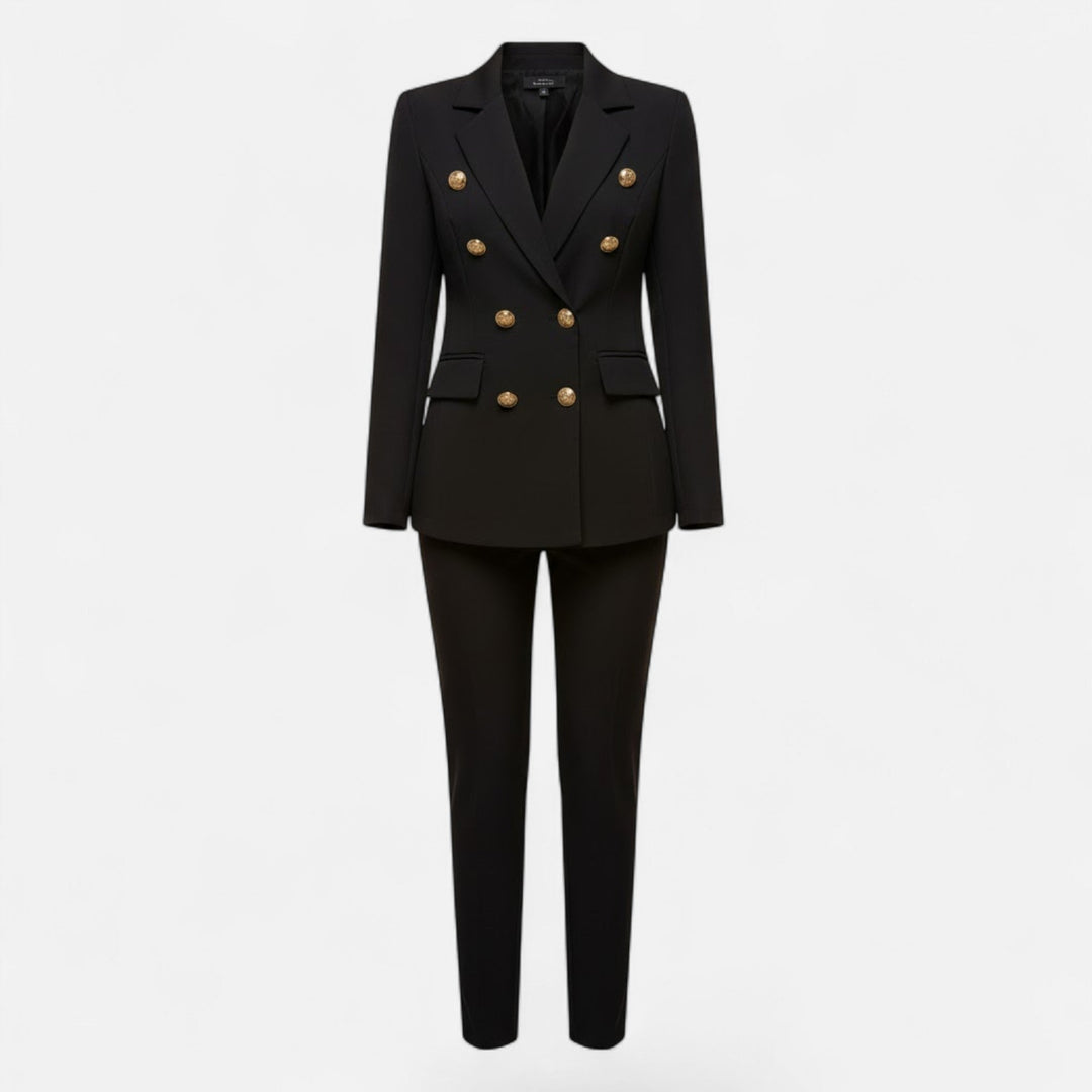 Chic women's solid color tailored suit set, a versatile jacket and pants combo for business or formal wear.