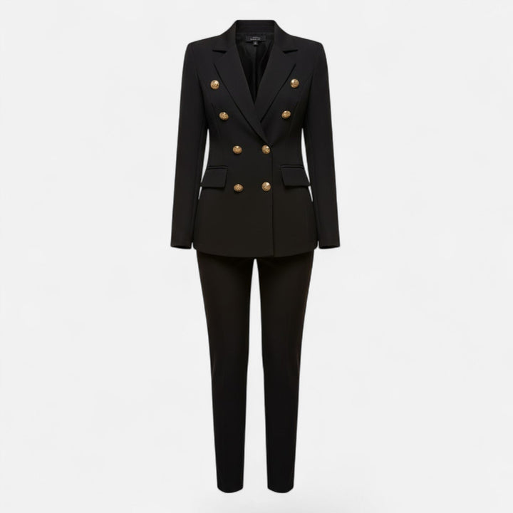 Chic women's solid color tailored suit set, a versatile jacket and pants combo for business or formal wear.
