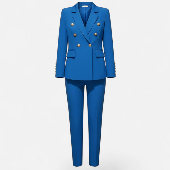 Stylish women's solid color tailored jacket and matching pants set, perfect for formal office wear.