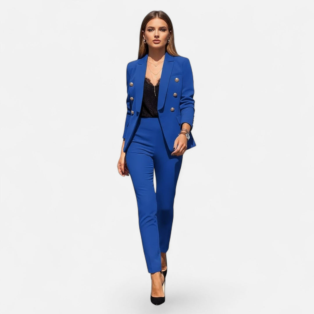 Modern women's solid color tailored suit set, a versatile two-piece for business or special occasions.
