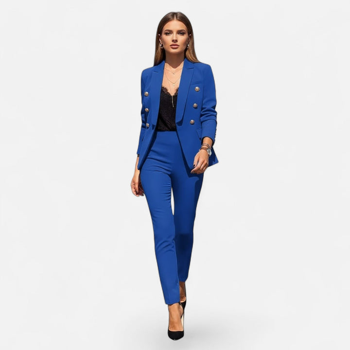 Modern women's solid color tailored suit set, a versatile two-piece for business or special occasions.