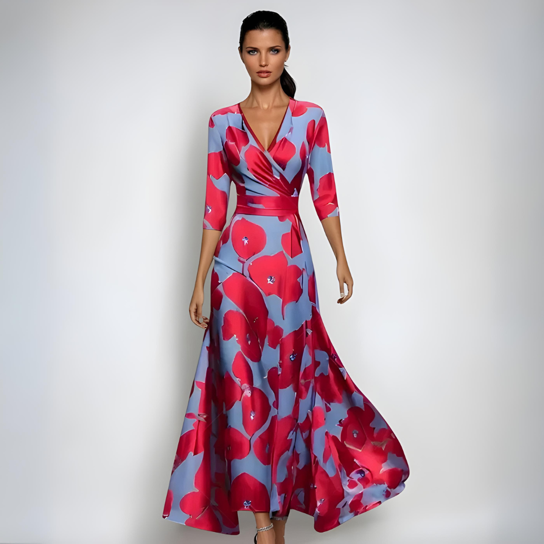 Women's sophisticated floral print maxi dress, perfect for elegant evening wear & formal occasions. Long sleeve design.