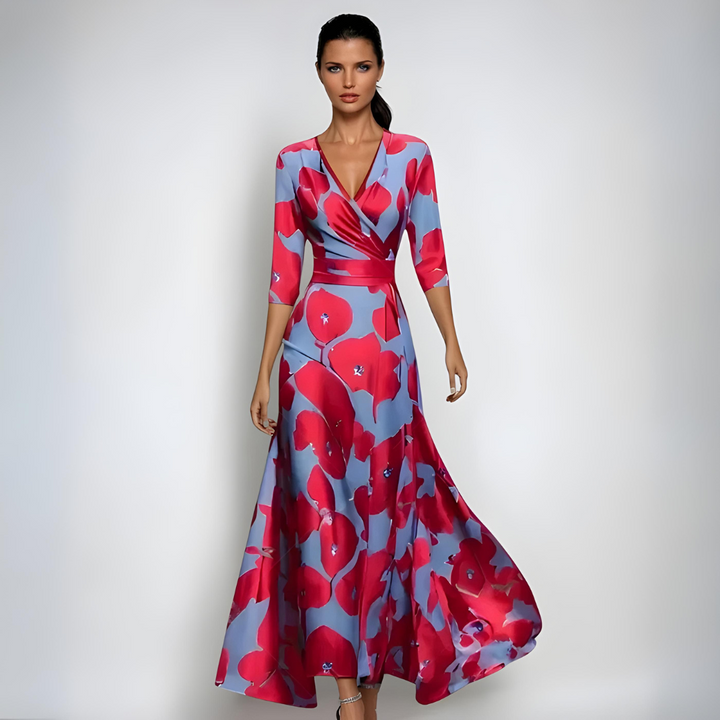 Women's sophisticated floral print maxi dress, perfect for elegant evening wear & formal occasions. Long sleeve design.