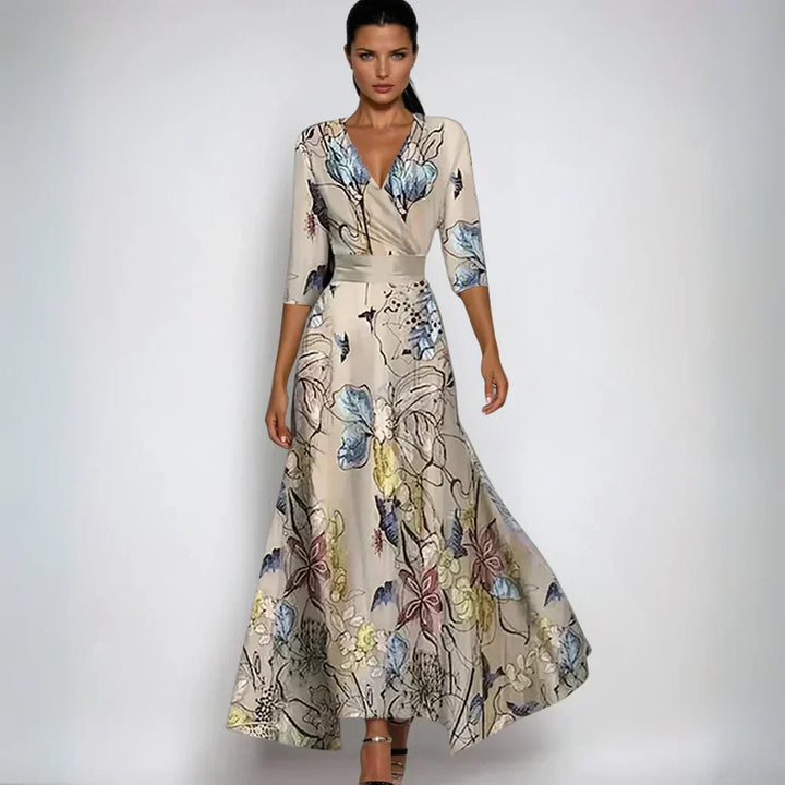 Elegant women's sophisticated floral printed maxi dress, featuring long sleeves for formal evening wear.