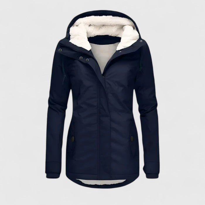 Women's sophisticated waterproof jacket, ideal for stylish weather protection & everyday wear.