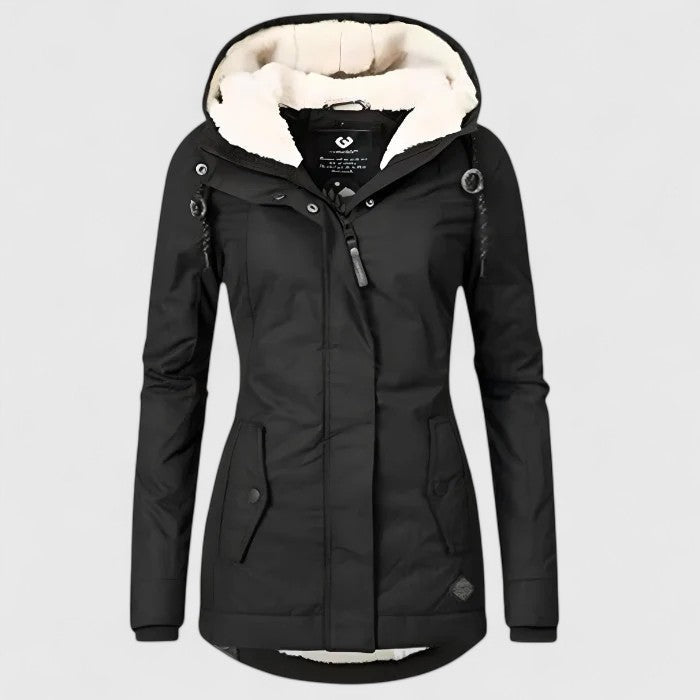 Ladies' hooded waterproof winter jacket, offering stylish weather protection and comfort.