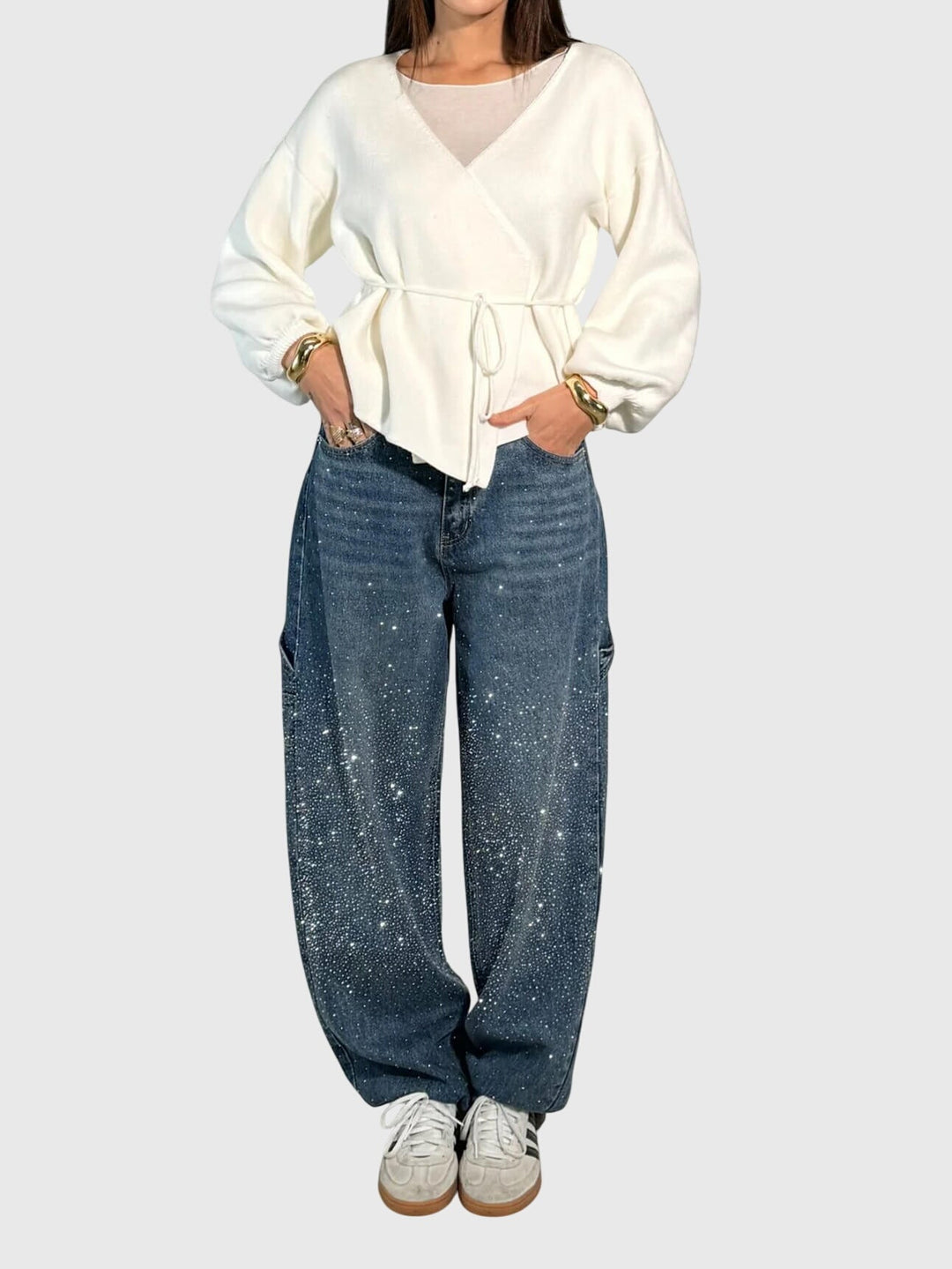 Women's Sparkle Diamond Wide-Leg Pants shimmering elegantly, perfect for glamorous occasions.