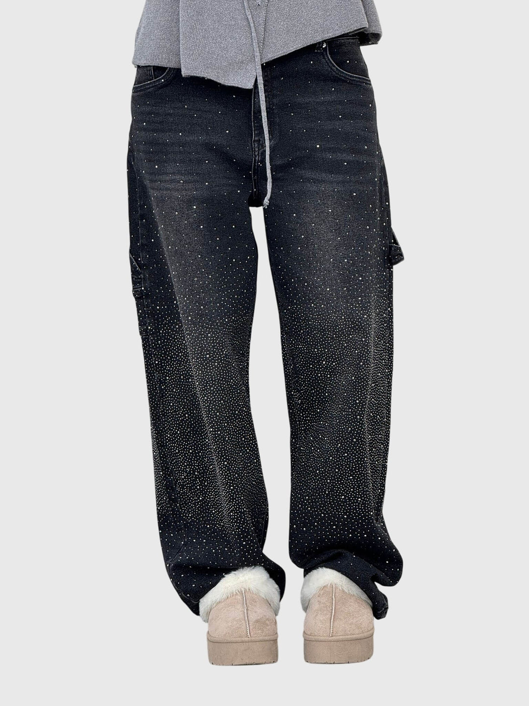 Dazzling diamond sparkle wide-leg pants, high-rise fit for women seeking comfort and glamour.