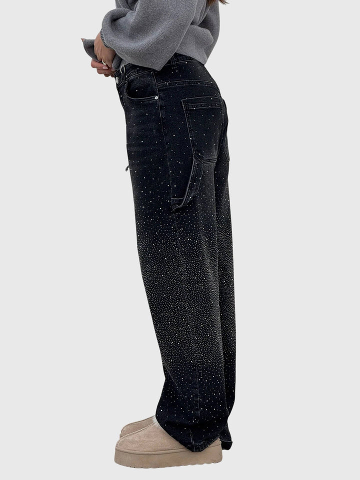 Shimmering high-rise women's wide-leg pants, embellished with dazzling diamond sparkle.