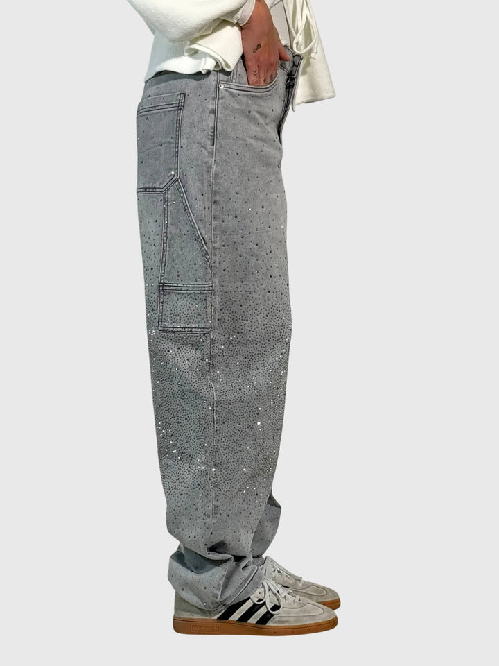 Front view of women's sparkle wide-leg pants, highlighting their elegant flow and shimmering texture.
