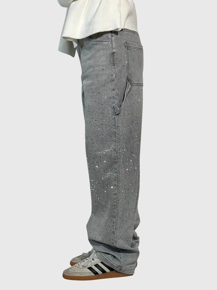 Detailed shot of the sparkle diamond pattern on women's wide-leg pants, emphasizing quality.