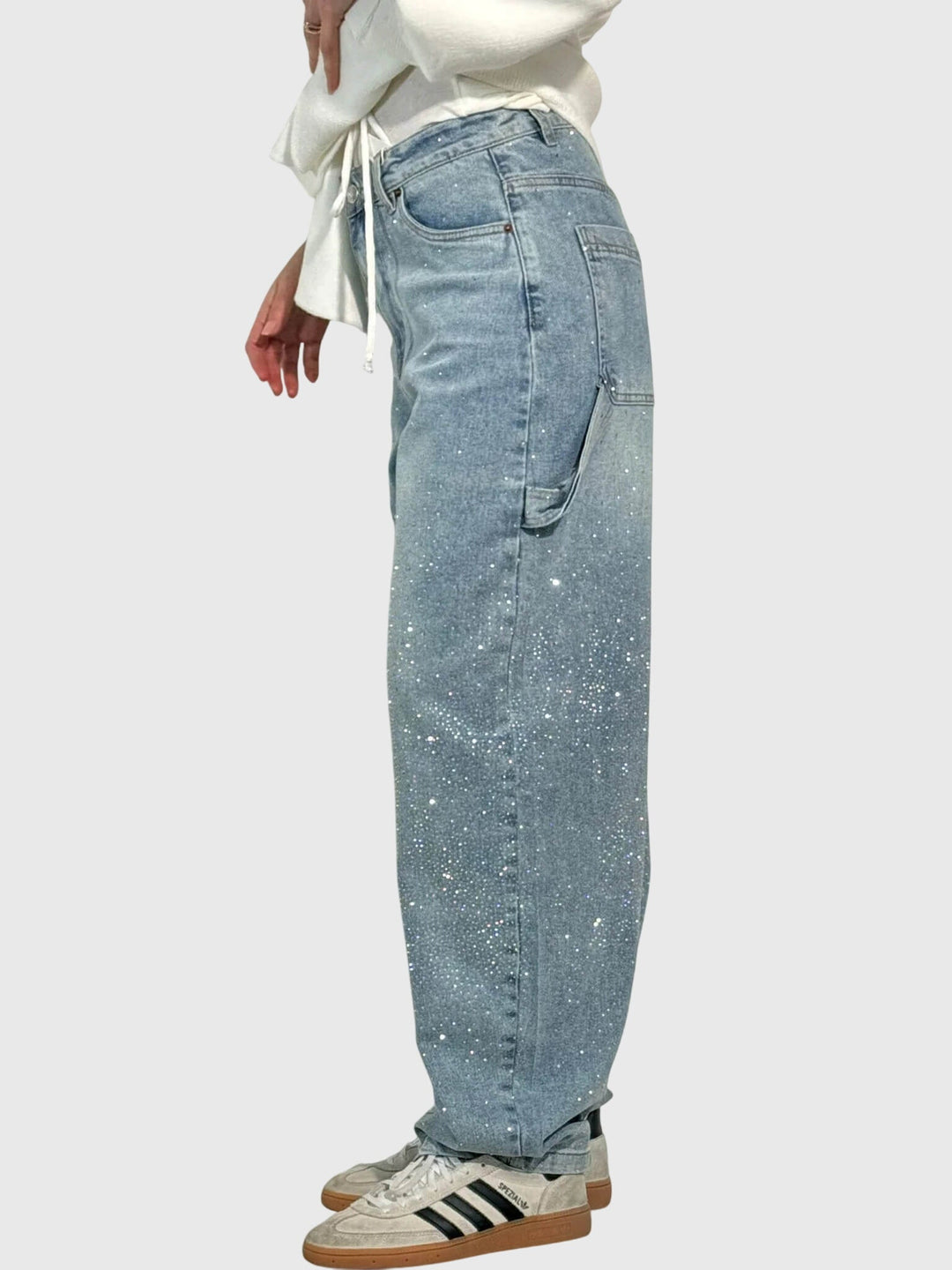 Fashion-forward women's sparkle pants, wide-leg cut with a glamorous diamond shimmer.