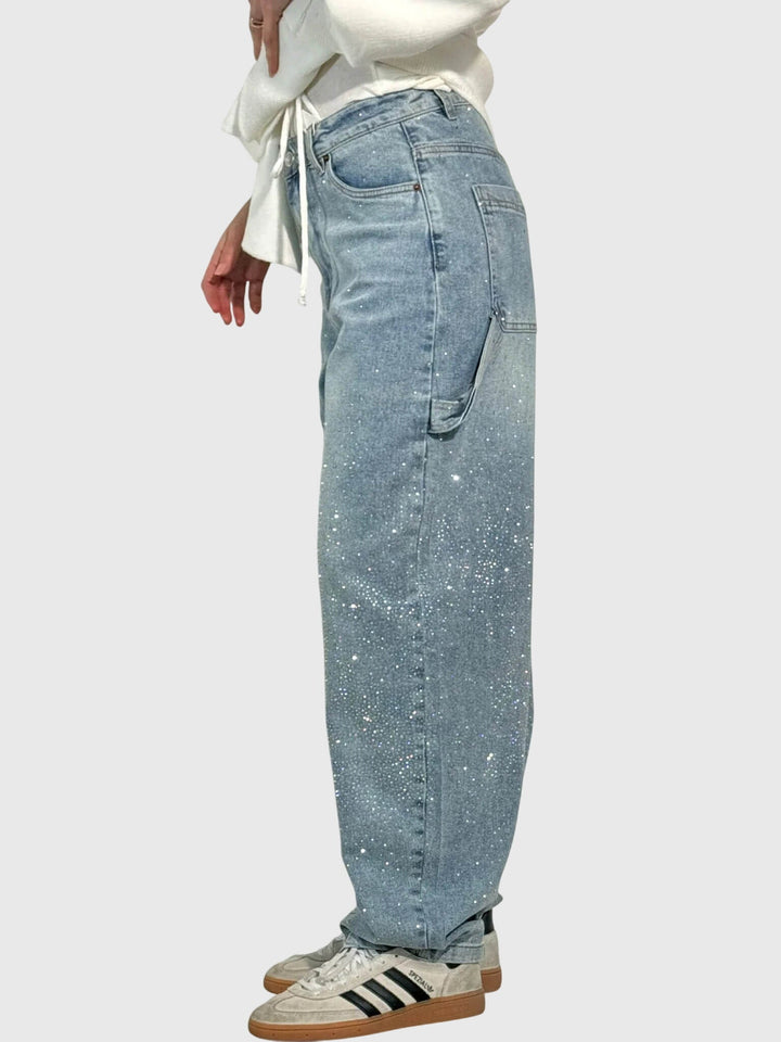 Fashion-forward women's sparkle pants, wide-leg cut with a glamorous diamond shimmer.
