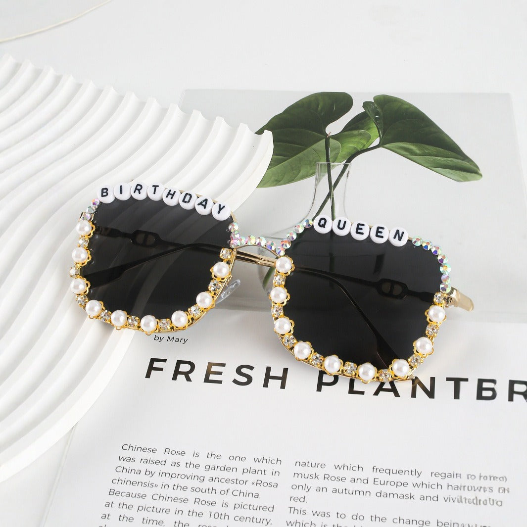 'Birthday Queen' heart fashion sunglasses for women, featuring sparkling rhinestones & UV protection eyewear.