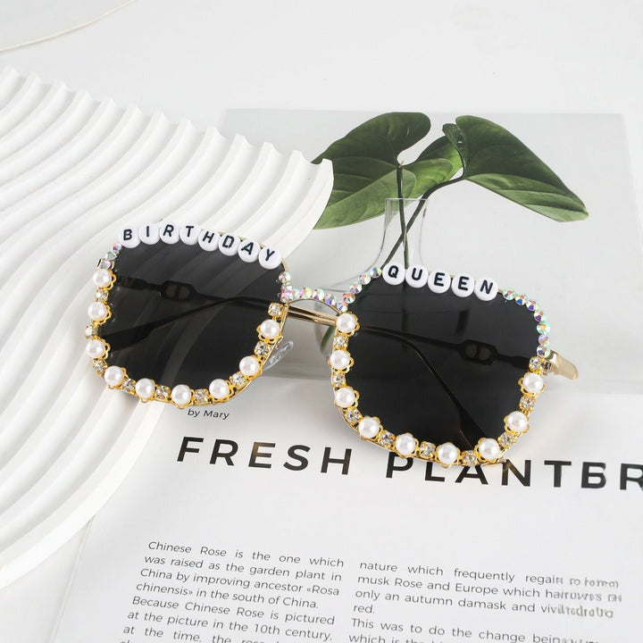 'Birthday Queen' heart fashion sunglasses for women, featuring sparkling rhinestones & UV protection eyewear.