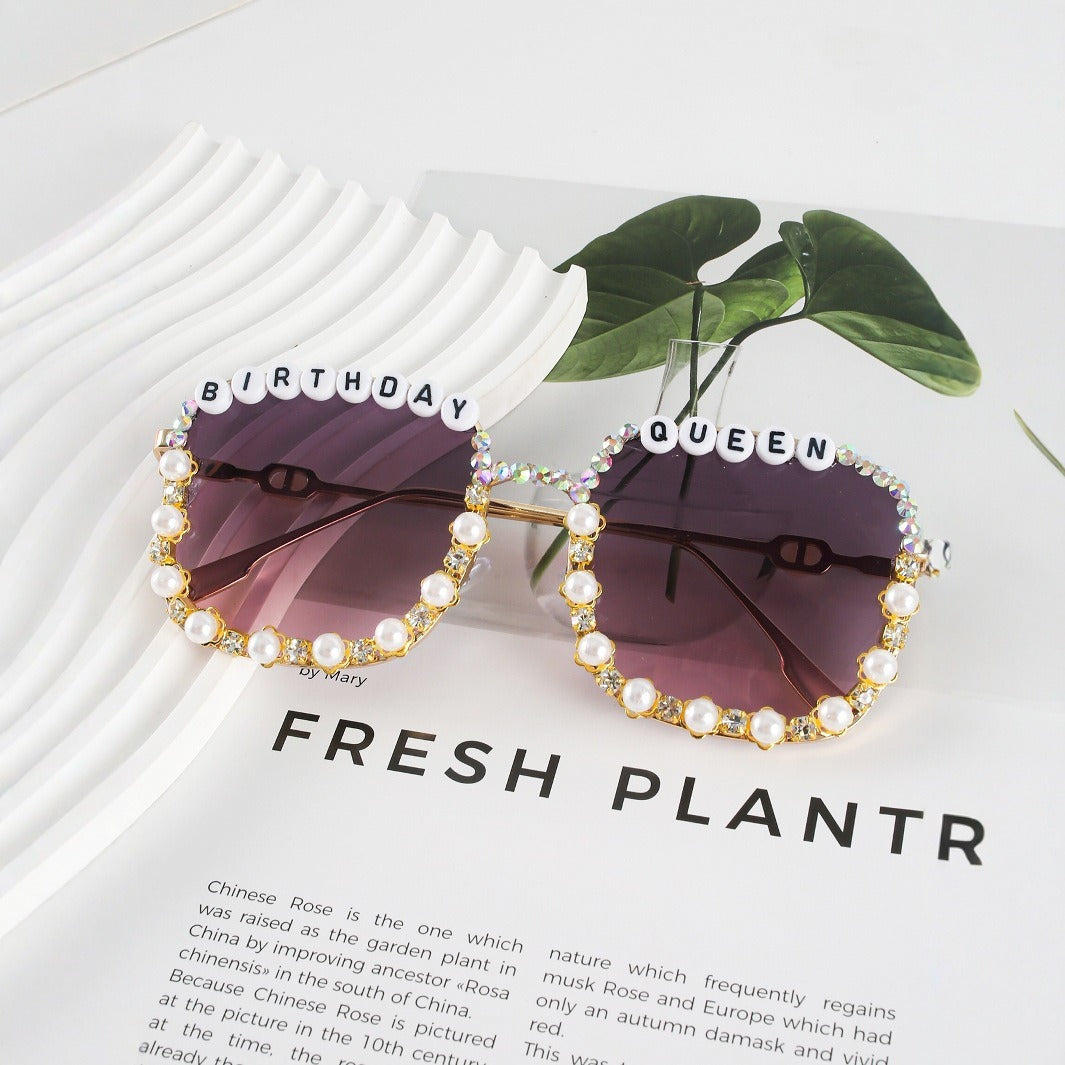 Fashionable women's heart sunglasses, 'Birthday Queen' design, with dazzling rhinestones; stylish party eyewear.