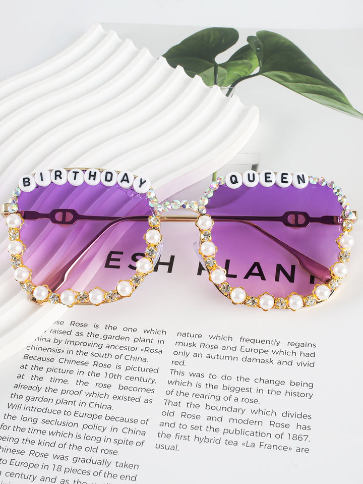 Women's "Birthday Queen" heart sunglasses, sparkling rhinestones, fashion statement party eyewear with UV protection.