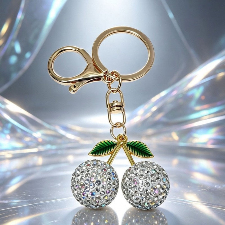 Glamorous sparkling cherry keychain, a glittery women's accessory perfect for bags, keys, or fashion statements.