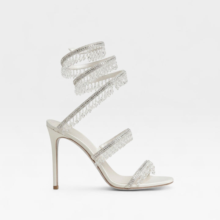 Glamorous black crystal strappy evening heels for women, luxury formal footwear.