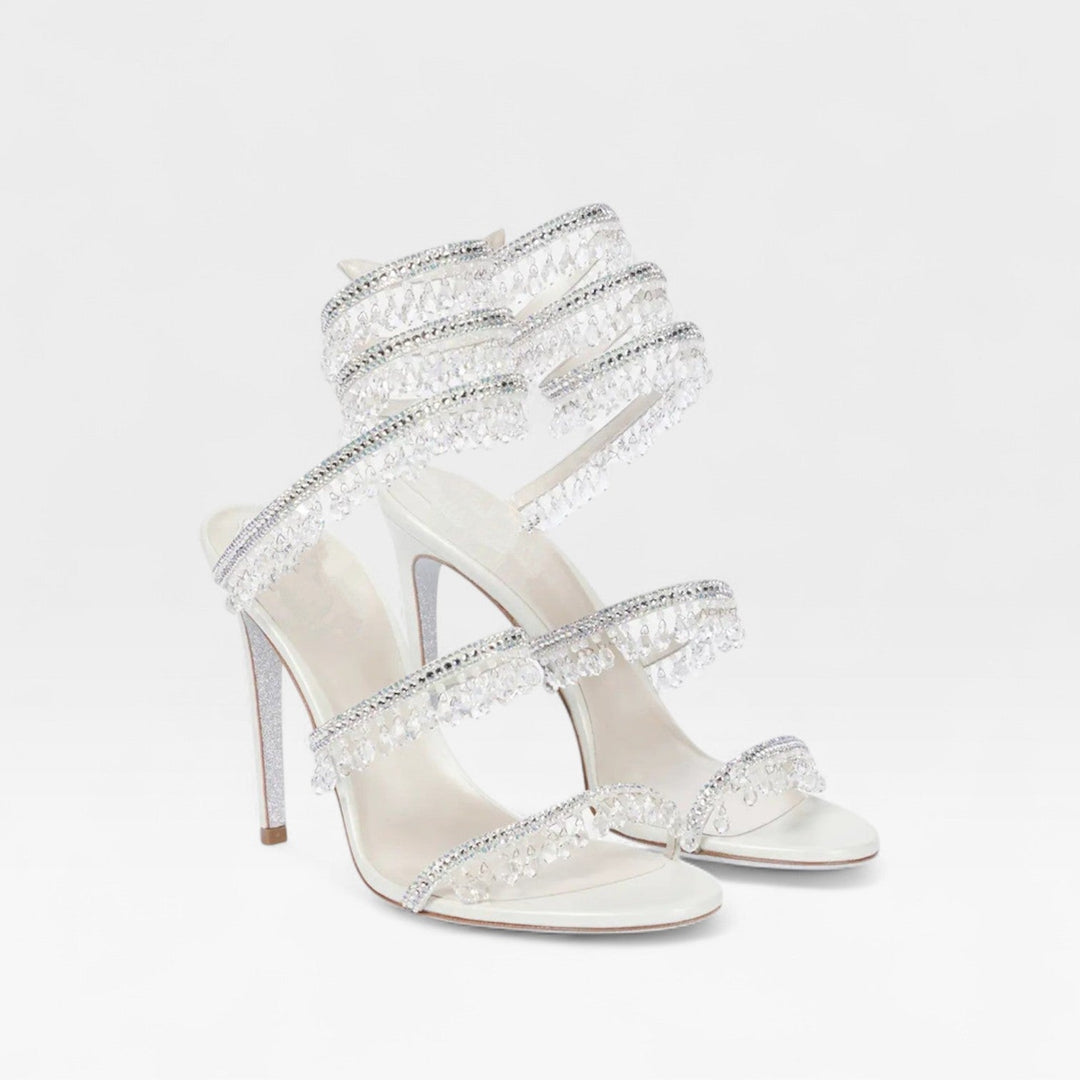 Elegant gold crystal strappy high heels, perfect occasion shoes for parties & cocktails.
