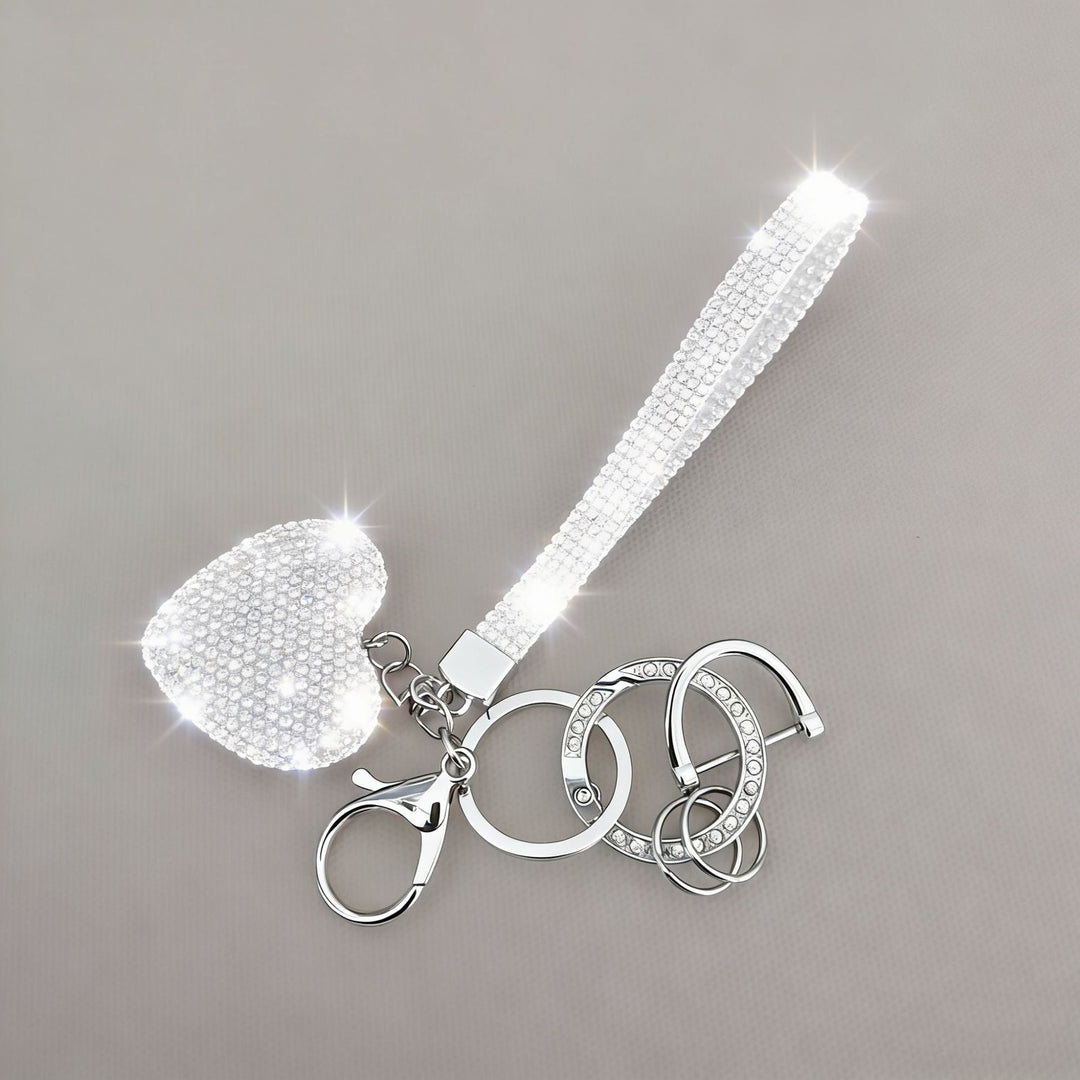 Red and white rhinestone heart keychain, a sparkling decorative charm for women's bags or keys.