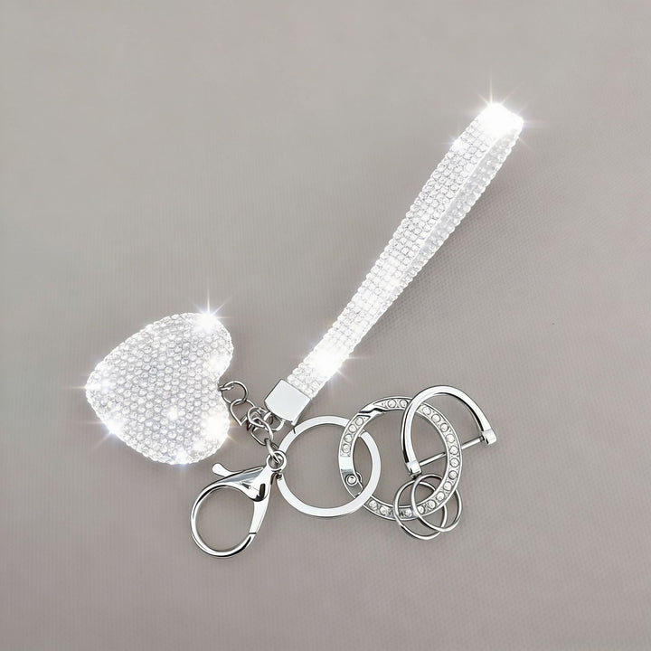 Red and white rhinestone heart keychain, a sparkling decorative charm for women's bags or keys.