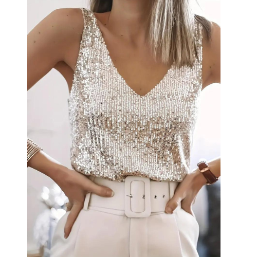 Women's sparkling sequin V-neck sleeveless blouse, perfect for evening wear & parties.