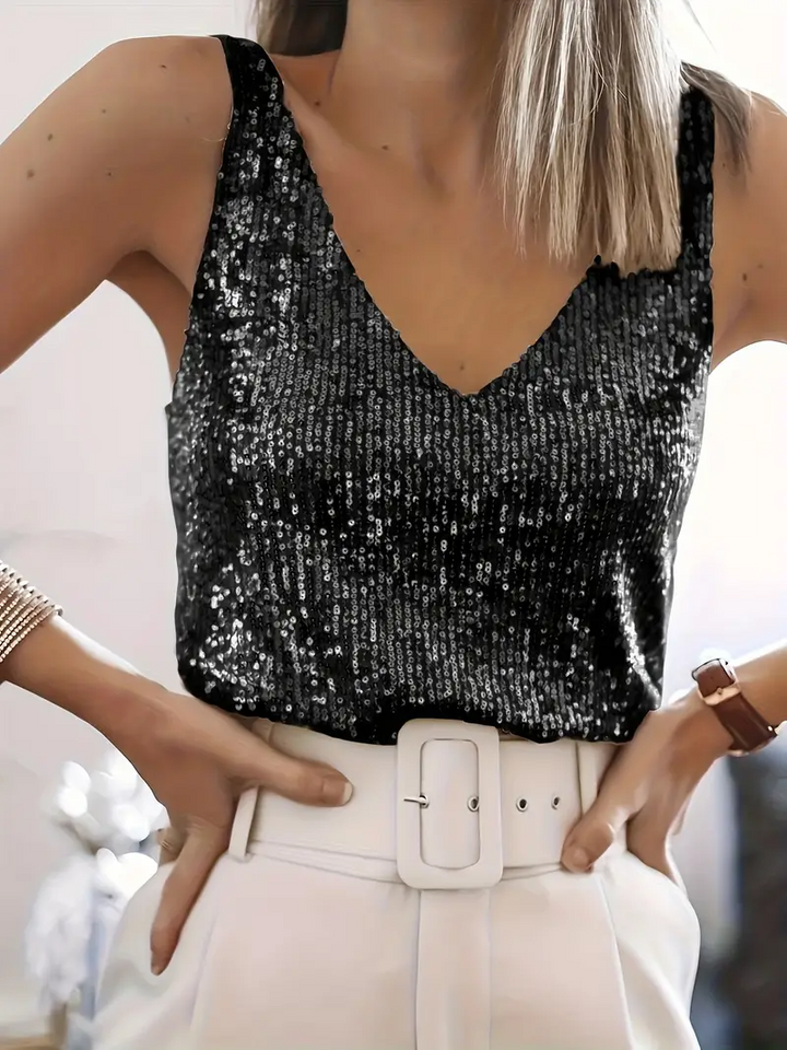 Glamorous women's sequin V-neck sleeveless blouse, a chic sparkling top for parties & evening.