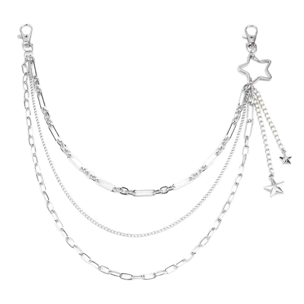 Elegant silver-tone chain belt for women, adorned with gleaming star charms. Adjustable for perfect fit.