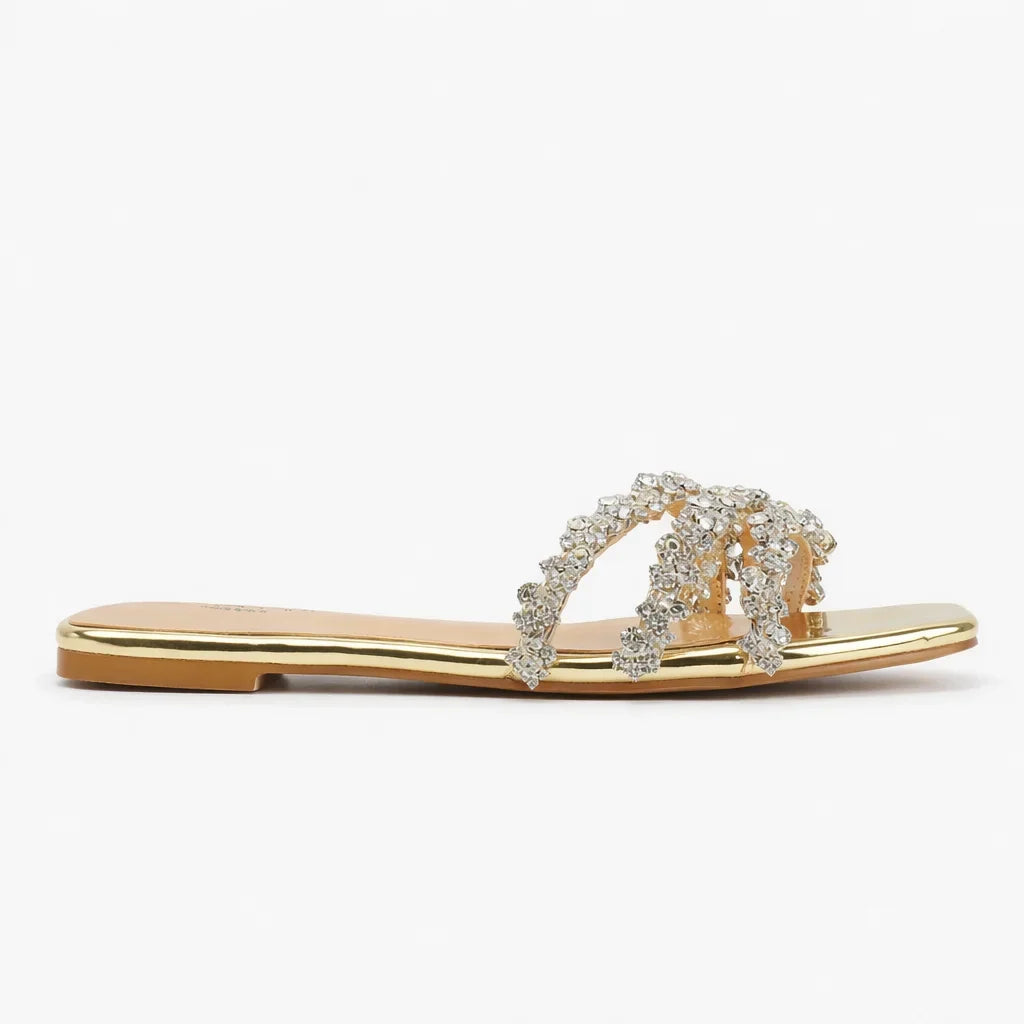 Fashionable women's sparkling flat sandals with triple straps, square toe, and crystal accents, great for parties.