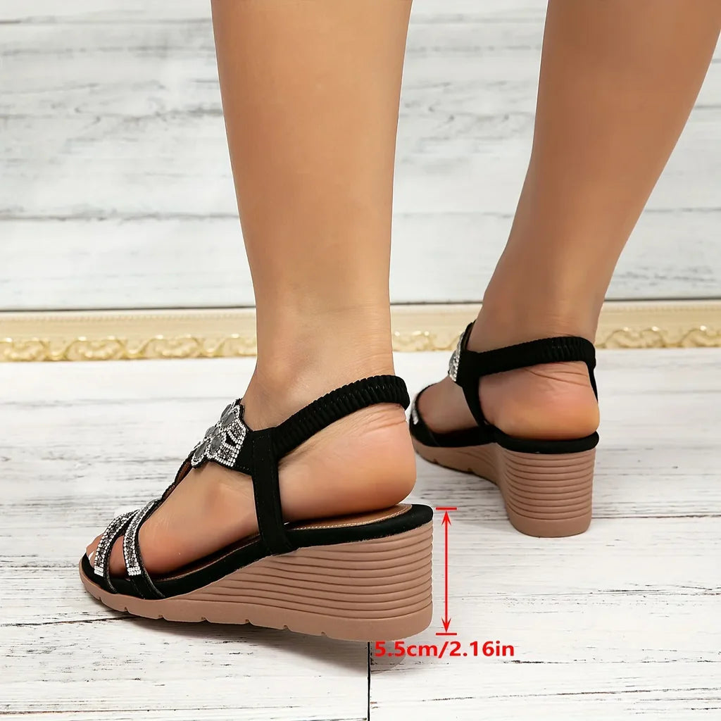 Sparkle & comfort women's wedge sandals. Open-toe, slip-on design with rhinestones, ideal for summer parties.