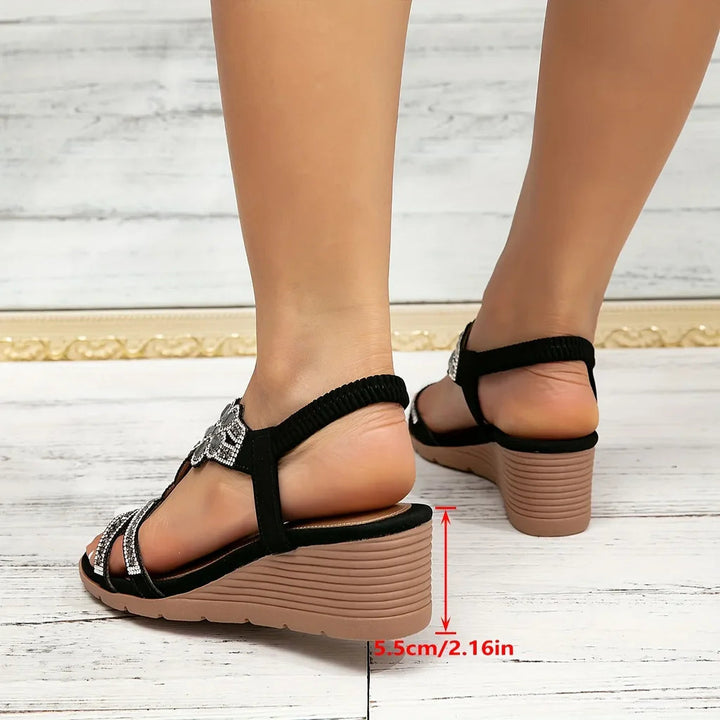 Sparkle & comfort women's wedge sandals. Open-toe, slip-on design with rhinestones, ideal for summer parties.