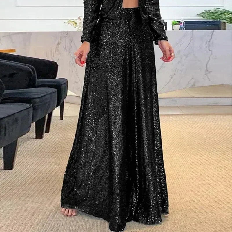 Glamorous women's shimmering wide leg party pants with a high waist for elegant evening fashion.