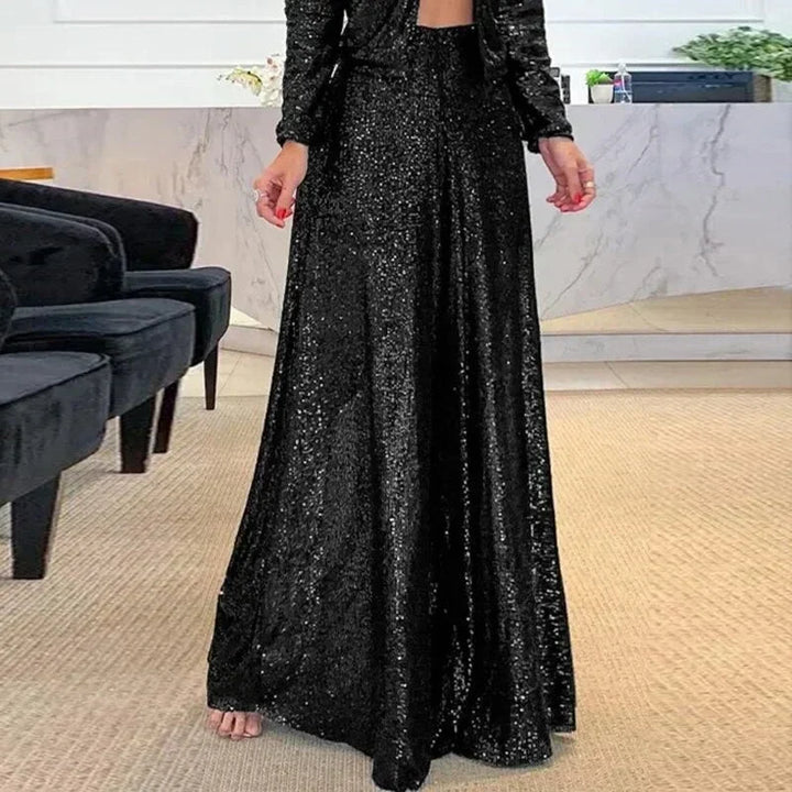 Glamorous women's shimmering wide leg party pants with a high waist for elegant evening fashion.
