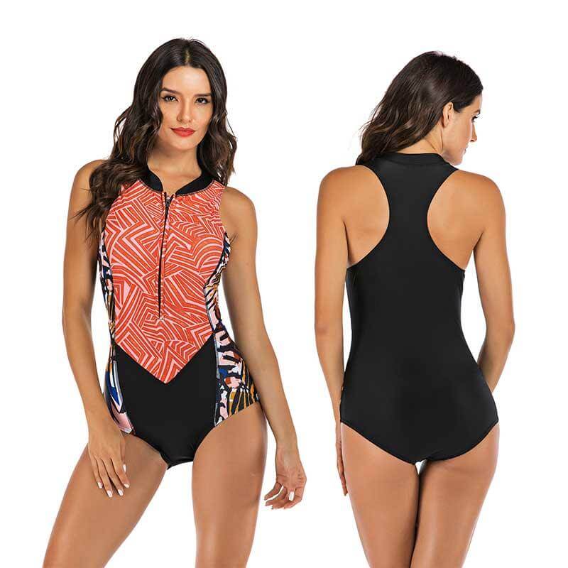 Back view of women's sporty one-piece swimsuit, designed for athletic swimwear & active comfort. Poolside style.