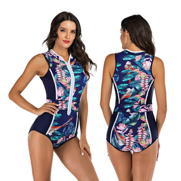 Close-up of durable fabric on women's one-piece sporty swimsuit, perfect for active beachwear & water sports.