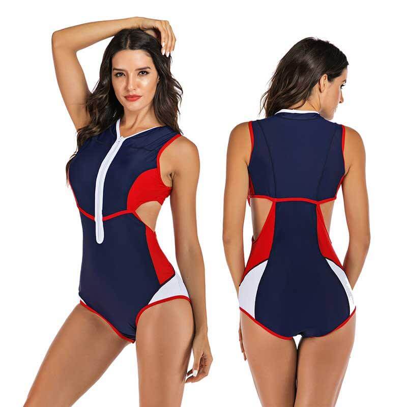 Woman in sporty one-piece swimsuit actively swimming. Ideal athletic swimwear for water sports & beach vacation.