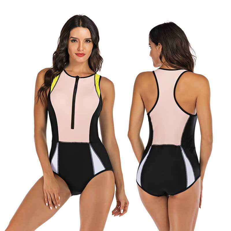 Side profile of women's sporty one-piece swimsuit, showcasing flattering fit & design for active beachwear.