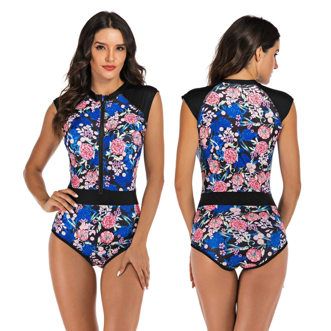 Women's sporty one-piece swimsuit on a hanger, ready for beach vacation & summer fashion. Active comfort design.